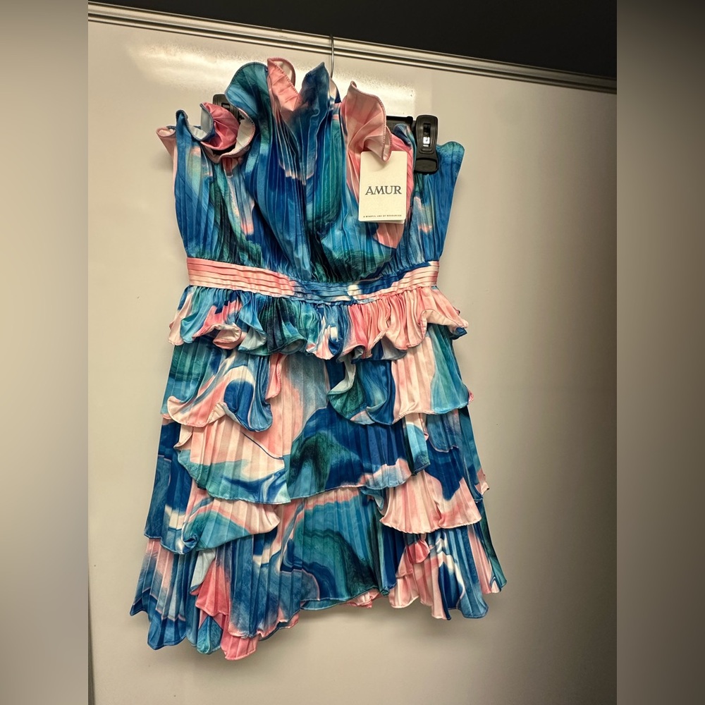 AMUR Jayda Pleated Shell  Strapless Ruffle Dress. Get ready for spring & Summer - Picture 8 of 15